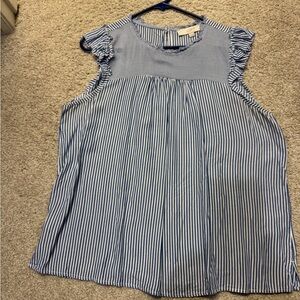 LOFT Blue and White Striped Ruffle Sleeve Blouse